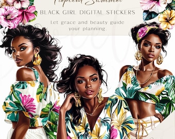 Black Girl Tropical Stickers: Summer Planner Clipart (PNG Digital Download)