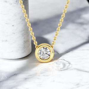 1.00 ct Lab Grown Diamond Solitaire Bezel Set Necklace • 14K Yellow Gold Round Diamond Pendant • Minimalist Dainty Necklace • Bridal Jewelry