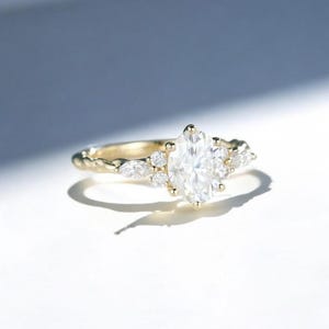 Vintage Oval Moissanite Engagement Ring: 14k Yellow Gold Cluster Ring