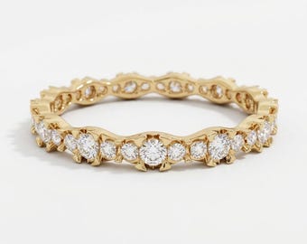 Moissanite Eternity Band, 14K Solid Gold Wedding Band, Dainty Stackable Ring, Full Eternity Anniversary Ring, Minimalist Promise Ring