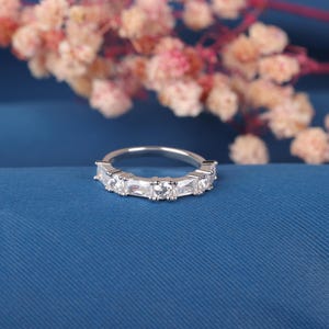 14k Gold Minimal Baguette Wedding Ring, Solid Gold Ultra Thin Stacking Ring, Half Eternity Moissanite Diamond Ring, Dainty Baguette Ring