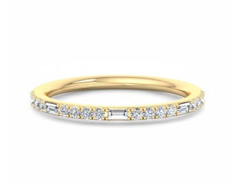 Baguette & Round Lab Grown Diamond Wedding Band, 14K Yellow Gold Half Eternity Ring