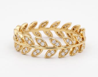 Blatt Hochzeit Band 14K Gold, Moissanite Blumenring, Natur inspiriert zierliche Braut Band, stapelbarer Ehering für Frauen