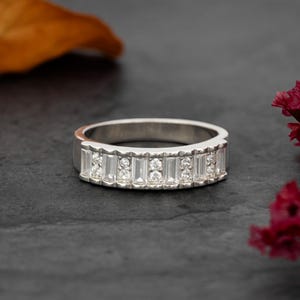 14k Gold Minimal Baguette Wedding Ring, Solid Gold Ultra Thin Stacking Ring, Half Eternity Moissanite Diamond Ring, Dainty Baguette Ring