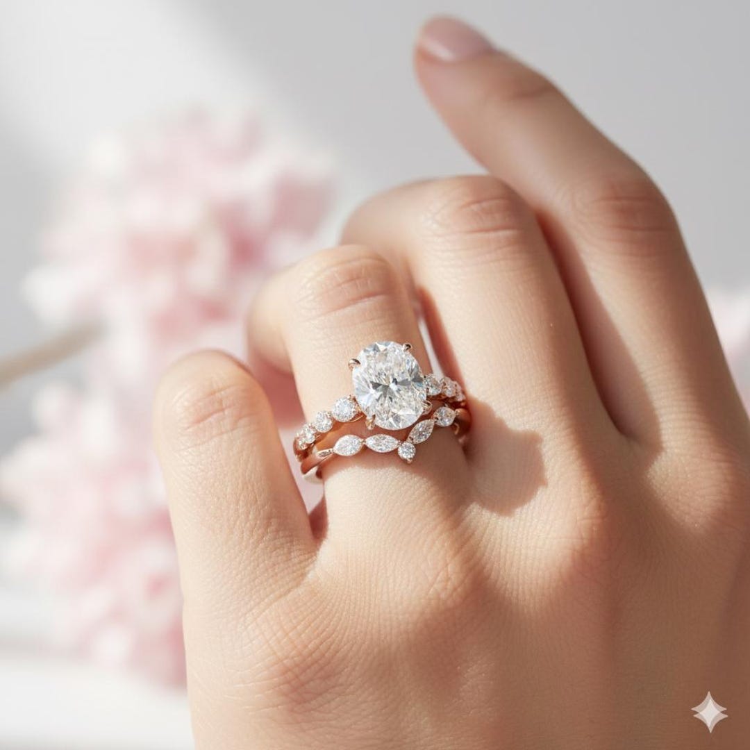 1.90ct Oval Moissanite Engagement Ring Set • 14K Solid Gold Bridal Set ...