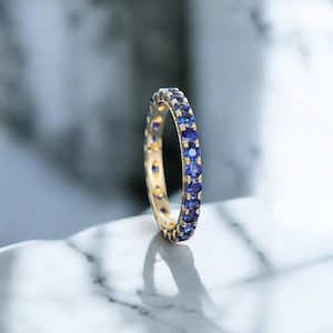 Full Eternity Sapphire Wedding Band 14K Yellow Gold Engagement Band Handmade Stacking Fine Jewelry Promise Gold Gift Anniversary Band Ring