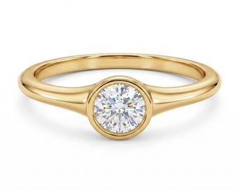 14K Gold Bezel Solitaire Moissanite Ring, Minimalist Engagement Ring, Bezel Set Promise Ring, Solid Gold Stacking Ring, Gift for Her