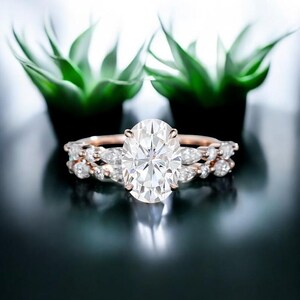 Oval cut Moissanite engagement ring set Rose gold engagement ring Vintage Bridal set Marquise cut Diamond Band Anniversary Promise ring