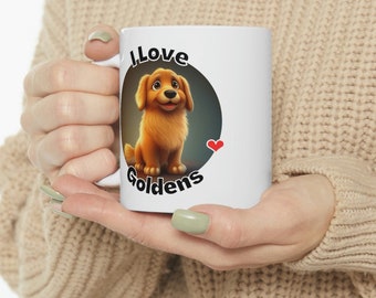 11oz Ceramic Coffee Tea Mug: Cute Phrase "I Love Goldens" - For Golden Retriever Lovers