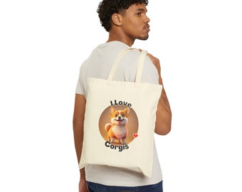 Corgi Tote Bag - Heavy Fabric Durable Totebag Shopping Bag With I Love Corgis Print - 100% Cotton Canvas