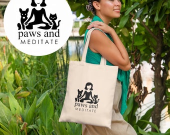 Yoga Animal Lover Tote Bag GIft - Heavy Fabric Durable Totebag Shopping Bag With Zen Lotus Pose Meditation Dog Cat Print 100% Cotton Canvas