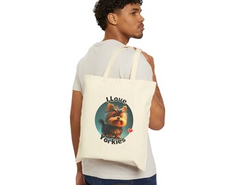 Yorkie Tote Bag - Heavy Fabric Durable Totebag Shopping Bag With I Love Yorkies Print - 100% Cotton Canvas