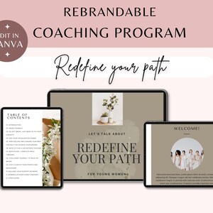 Könnte beinhalten: Ein digitales Coaching-Programm für junge Frauen mit dem Titel "Redefine Your Path". Das Programm umfasst ein Inhaltsverzeichnis, eine Willkommensseite und eine Seite mit dem Titel "Lass uns über Redefine Your Path sprechen".