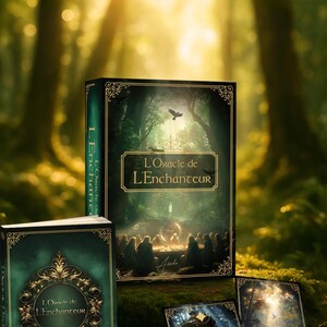 Op de afbeelding: Een set orakelkaarten genaamd L'Oracle de L'Enchanteur, bestaande uit een doos met een donker boslandschap, een kleinere doos met een gouden omlijsting en twee losse kaarten met een zandloper en een figuur met een zwaan.