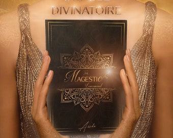 May include: A black book with gold accents and a mandala design on the cover. The book is titled "The Majestic Lenormand" and has the word "Assidu" at the bottom. The book is being held by a person wearing a gold dress.