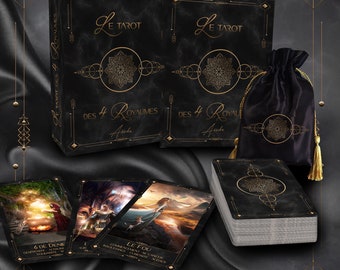 May include: A black tarot deck with gold accents and a black velvet bag. The deck is called "Le Tarot des 4 Royaumes" and features a mandala design on the box. The cards feature illustrations of various tarot card symbols.