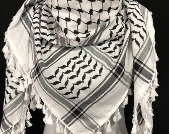 Keffiyeh Palästina Schal, Das Original Keffiyeh hergestellt in Palästina, Handarbeit aus Baumwolle, Keffiyeh weiß schwarz, Traditionelle Kufiya Muster