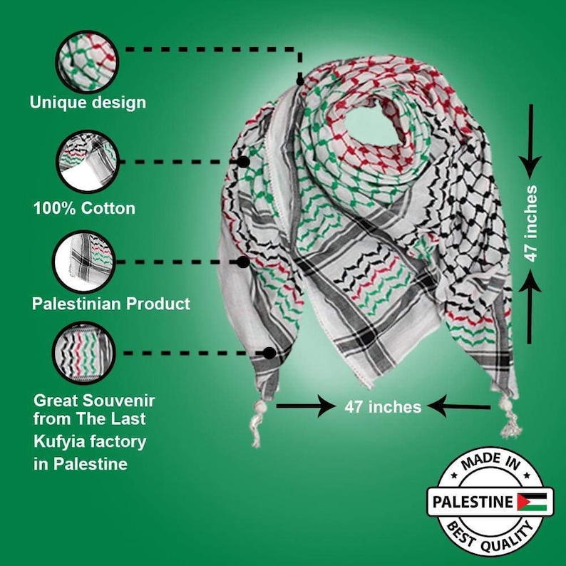 The Original Keffiyeh Palestinian Flag Hatta Original Brand 100% Cotton Unisex Scarves 47x47 Summer 2023, Hirbawi Keffiyeh image 3