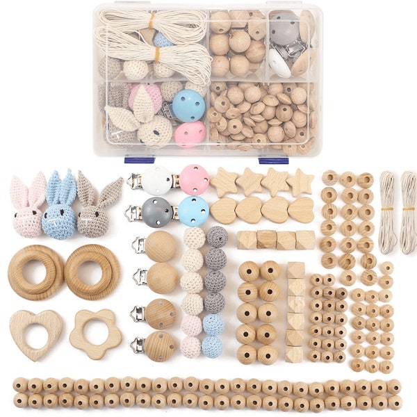 Kit 169 Pcs d'Attaches Sucette Crochet et Bois de Hêtre, Kit Attache Sucette DIY, Clip sucette en bois de hêtre, Lapin au Crochet