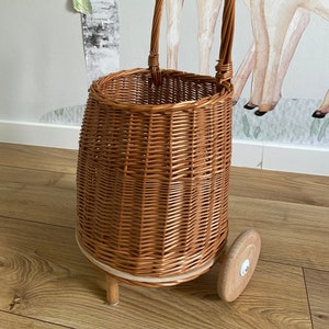 Natural wicker pull on trolley, wicker basket with handle, wicker trolley, toddler shopping trolley, M