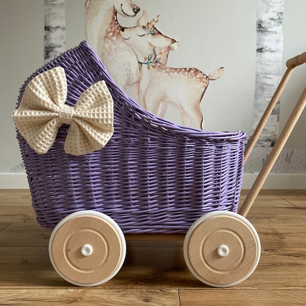 WICKER PRAM, with mattress and bedding for each trolley included, Handmade, Purple