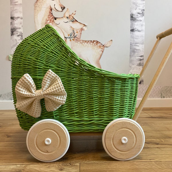 WICKER PRAM, with mattress and bedding for each trolley included, Handmade, GREEN