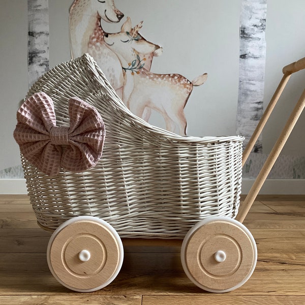 WICKER PRAM, with mattress and bedding for each trolley included, Handmade, WHITE