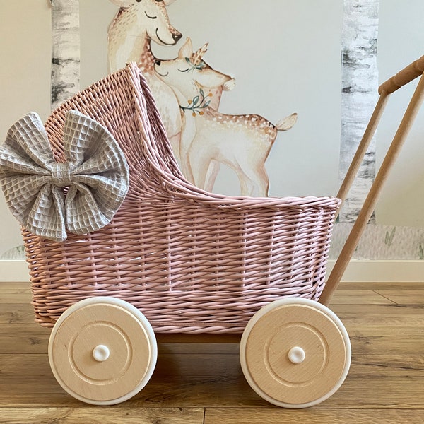 WICKER PRAM, with mattress and bedding for each trolley included, Handmade, Light PINK