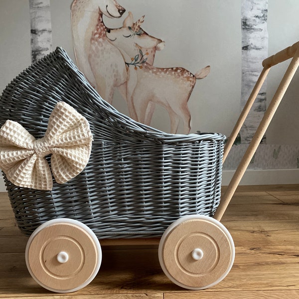 WICKER PRAM, with mattress and bedding for each trolley included, Handmade,GREY