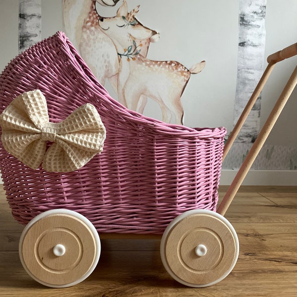 WICKER PRAM, with mattress and bedding for each trolley included, Handmade, PINK