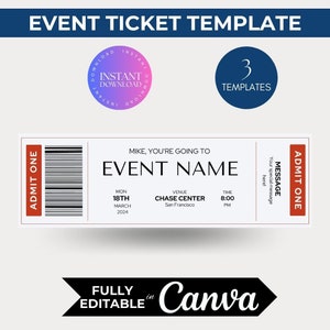 Event Ticket Canva Template, EDITABLE DIY Printable, Surprise Getaway, Invitation, Birthday, Gift for him, Musical, Theatre Show, Concert