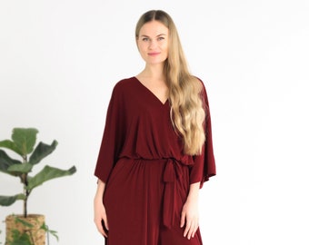 Burgundy glossy jumpsuit for woman, Polyester jumpsuit, V-neck dress, Shiny jumpsuit, Belted jumpsuit,Jumpsuit plus size, Curvy dresses.