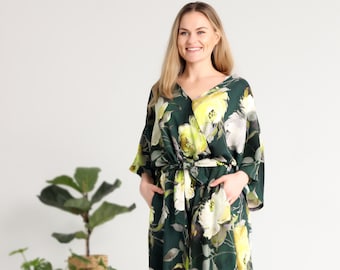 Green jumpsuit for women with flowers motifs, Floral printed jumpsuit for woman, V neck wrap jumpsuit, Romper woman, Flowery jumpsuit dress.