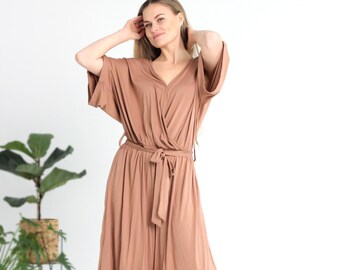 Light brown v neck jumpsuit for woman, Summer jumpsuit with crop pants, Light brown romper with pockets, Belted brown short jumpsuit