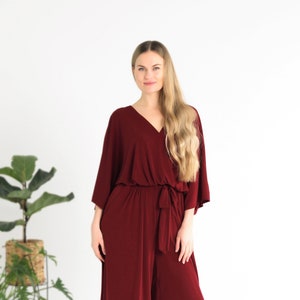 Burgundy glossy jumpsuit for woman, Polyester jumpsuit, V-neck dress, Shiny jumpsuit, Belted jumpsuit,Jumpsuit plus size, Curvy dresses. image 1