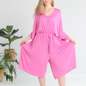 Women pink jumpsuit, Romper dress, Jumpsuits with sleeves, Holiday dress, Cropped jumpsuit plus size, curvy. image 5