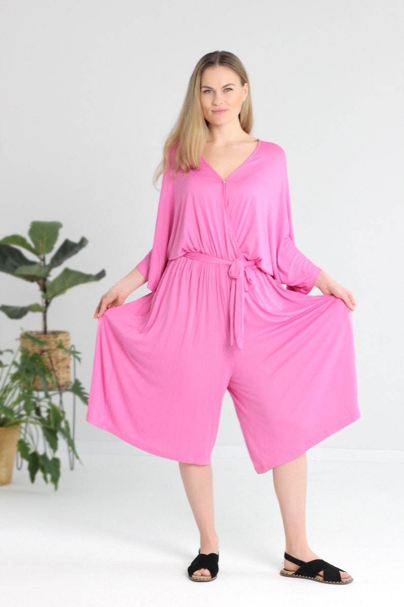 Women pink jumpsuit, Romper dress, Jumpsuits with sleeves, Holiday dress, Cropped jumpsuit plus size, curvy. image 5