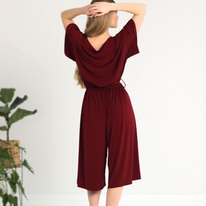 Burgundy glossy jumpsuit for woman, Polyester jumpsuit, V-neck dress, Shiny jumpsuit, Belted jumpsuit,Jumpsuit plus size, Curvy dresses. image 9