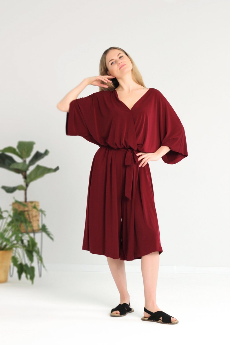 Burgundy glossy jumpsuit for woman, Polyester jumpsuit, V-neck dress, Shiny jumpsuit, Belted jumpsuit,Jumpsuit plus size, Curvy dresses. image 6