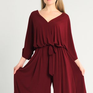 Burgundy glossy jumpsuit for woman, Polyester jumpsuit, V-neck dress, Shiny jumpsuit, Belted jumpsuit,Jumpsuit plus size, Curvy dresses. image 3