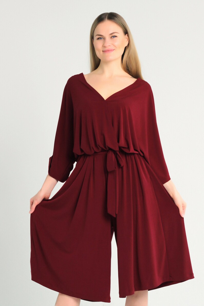 Burgundy glossy jumpsuit for woman, Polyester jumpsuit, V-neck dress, Shiny jumpsuit, Belted jumpsuit,Jumpsuit plus size, Curvy dresses. image 3