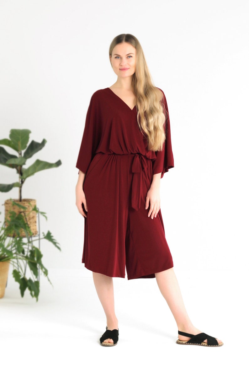 Burgundy glossy jumpsuit for woman, Polyester jumpsuit, V-neck dress, Shiny jumpsuit, Belted jumpsuit,Jumpsuit plus size, Curvy dresses. image 1