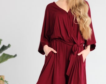 Burgundy belted jumpsuit for woman, Casual jumspuits for woman, Flowy comfortable jumpsuit, Stretchy lighweight jumpsuit, Viscose jumpsuit