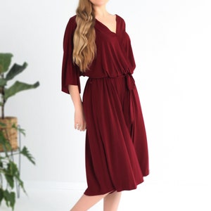 Burgundy glossy jumpsuit for woman, Polyester jumpsuit, V-neck dress, Shiny jumpsuit, Belted jumpsuit,Jumpsuit plus size, Curvy dresses. image 2