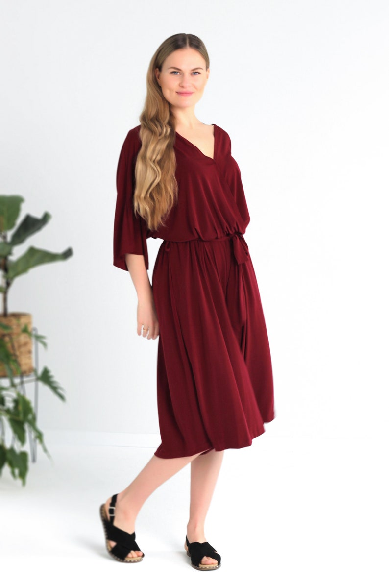 Burgundy glossy jumpsuit for woman, Polyester jumpsuit, V-neck dress, Shiny jumpsuit, Belted jumpsuit,Jumpsuit plus size, Curvy dresses. image 2