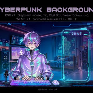 Puede incluir: Ilustración digital con temática cyberpunk. Una persona con cabello morado y azul está sentada en un escritorio con un teclado y un ratón brillantes. El fondo incluye pantallas de ordenador, un micrófono y una interfaz de chat futurista. El texto de la imagen dice "CYBERPUNK BACKGROUND".