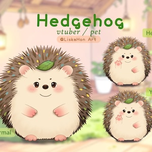 May include: Illustration of a cute hedgehog with brown quills, a green leaf, and a smiling face. The image includes the text "Hedgehog vtuber / pet" and the words "Hello" and "Yeah" with corresponding hedgehog poses.