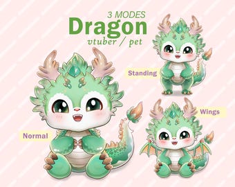 May include: A cartoon green dragon with large eyes and a happy expression. The dragon is shown in three different poses: standing, with wings out, and sitting with its paws crossed. The text "3 MODES Dragon vtuber / pet" is at the top of the image. The text "Standing", "Wings", and "Normal" are below each dragon.