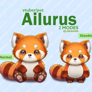 Op de afbeelding: Illustratie van een cartoon rode panda in twee standen: "Normaal" en "Staand". De rode panda heeft oranje en witte vacht, een gestreepte staart en grote ogen. Tekst bevat "vtuber/pet Ailurus" en "2 Modes @LISKAHON".