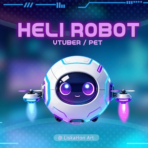 May include: A digital illustration of a white and blue Heli Robot, a UTUBER/PET, with a smiling face and two propellers. The robot has purple and blue accents and is set against a gradient background.